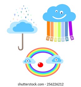 Set of unusual weather icons. Funny clouds, rainbow umbrellas. Vector