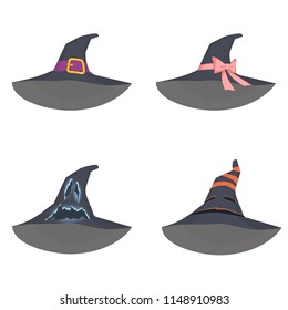 set of unusual witch hats in manga style anime on isolated background