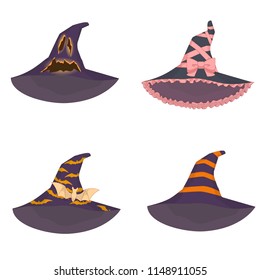 set of unusual witch hats in manga style anime on isolated background