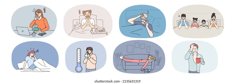 Set of unwell sick people stay at home struggle with covid-19 symptoms. Collection of unhealthy humans feel ill suffer from corona virus or flu. Healthcare and medicine. Vector illustration. 
