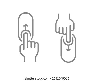 Set of up, down swipe gesture. Lock and unlock hand control symbol. On, off toggle slider line icons.