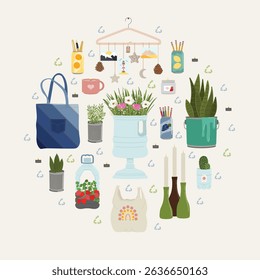 Set of upcycling elements in circle. Handmade and DIY secondary use. Ecological, reasonable consumption and sustainable life concept. Hand drawn vector illustration.