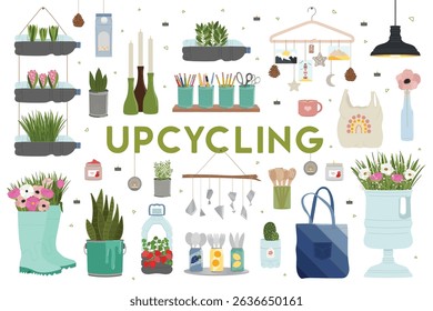 Set of upcycling elements. Handmade and DIY secondary use. Ecological, reasonable consumption and sustainable life concept. Hand drawn vector illustration.