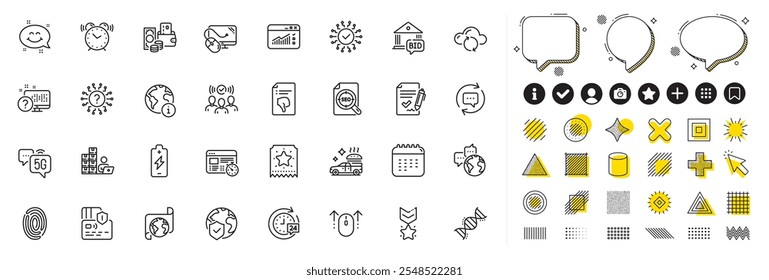 Conjunto de comentarios del Actualizar, ADN de química e iconos de línea de huellas dactilares para el App de Web. Elementos de diseño, íconos de redes sociales. Internet 5g, tráfico de Web, iconos de despertador. Vector