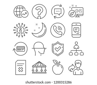 Set of Update comments, Face scanning and Delete file icons. Refund commission, Question mark and Carousels signs. Message, World statistics and Management symbols. Vector