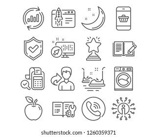 Set of Update data, Bill accounting and Start business icons. Bumper cars, Feedback and Washing machine signs. Winner, Smartphone buying and Engineering documentation symbols. Vector