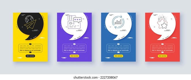 Set of Update data, Card and Paper plane line icons. Poster offer frame with quote, comma. Include Ranking stars icons. For web, application. Sales chart, Bank payment, Airplane travel. Vector
