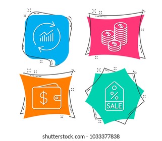 Set of Update data, Coins and Dollar wallet icons. Sale coupon sign. Sales statistics, Cash money, Discount tag.  Flat geometric colored tags. Vivid banners. Trendy graphic design. Vector
