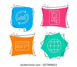 Set of Update data, Credit card and Coffee vending icons. Globe sign. Sales chart, Card payment, Coffee vending machine. Internet world.  Flat geometric colored tags. Vivid banners. Vector