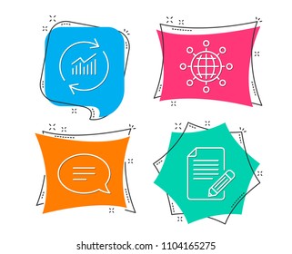 Set of Update data, International globe and Chat icons. Article sign. Sales statistics, World networking, Speech bubble. Feedback.  Flat geometric colored tags. Vivid banners. Trendy graphic design