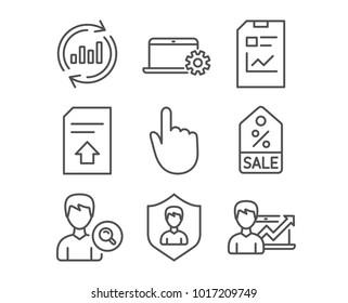 Set of Update data, Sale coupon and Security agency icons. Hand click, Upload file and Search people signs. Report document, Notebook service and Success business symbols. Sales chart. Discount tag