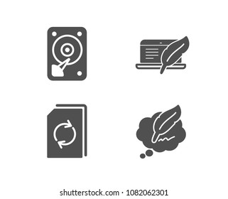 Set of Update document, Hdd and Copyright laptop icons. Ð¡opyright chat sign. Refresh file, Hard disk, Writer device. Speech bubble.  Quality design elements. Classic style. Vector