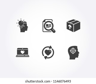 Set of Update relationships, Package and Web love icons. Idea, Check article and Recruitment signs. Refresh love, Delivery pack, Social network. Professional job, Magnifying glass, Headhunter aim