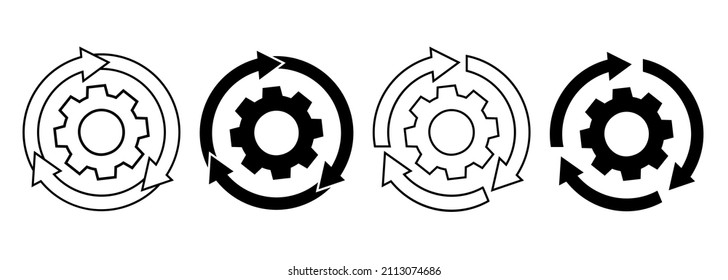 Set of update system icons with gears, loading or updating files, install new software, operating system, update support, setting options, maintenance, adjusting app process, service concept EPS 10