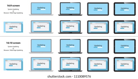 Set of updating process on browser window, notebook screen, tablet PC with flat style design on light blue background. Updating illustration.