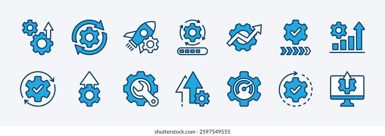Set of upgrade, update, progress, process, development and improvement icon vector. Contains startup, maintenance, repair, speed, setup, configuration, installation, technology, growth bar