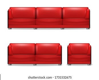 A Set Of Upholstered Furniture For The Living Room, Sleeping Sofa, Armchair And Guest Sofa In Red. Interior Couch Home For Office Furniture For Relaxation