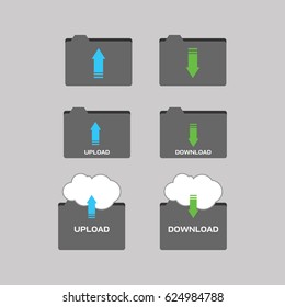 A set of upload and download folder icons in vector format