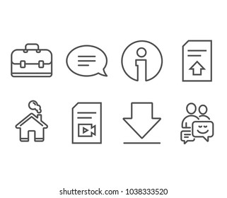 Set of Upload file, Chat and Video file icons. Portfolio, Downloading and Communication signs. Load document, Speech bubble, Vlog page. Business case, Load information, Business messages. Vector