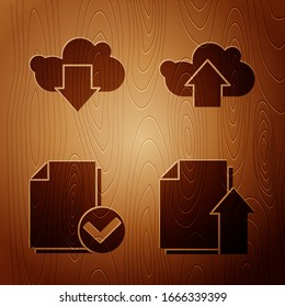 Set Upload file document, Cloud download, Document and check mark and Cloud upload on wooden background. Vector