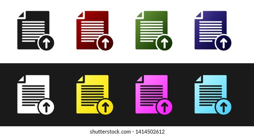 Set Upload file icon isolated on black and white background. File document symbol. Document arrow. Vector Illustration