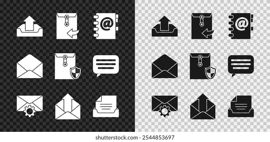 Set Upload inbox, Envelope, Address book, setting, Outgoing mail, Drawer with document,  and shield icon. Vector