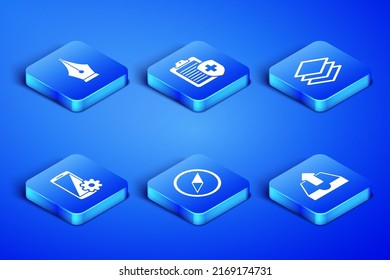 Set Upload inbox, Fountain pen nib, Wind rose, Setting on smartphone, Clipboard with medical insurance and Layers icon. Vector