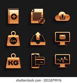 Set Upload inbox, NFC Payment, Monitor with cardiogram, and envelope, Weight and pounds icon. Vector