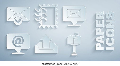 Setzen Sie den Posteingang, die Sprachblase mit Umschlag, E-Mail und E-Mail auf Sprache, Poststempel und Umschlag-Symbol ein. Vektorgrafik