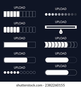 Set upload on monitor technology concept design. HUD upload process and status bars, white on black backgrounds, vector interface icons. HUD upload bars on digital screen, dashboard panel UI