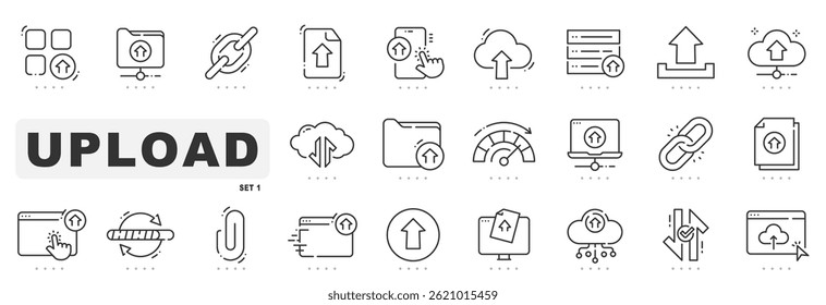 Conjunto de ícones de linha relacionados a upload. On-line, seta, para cima, nuvem etc. Traçado editável