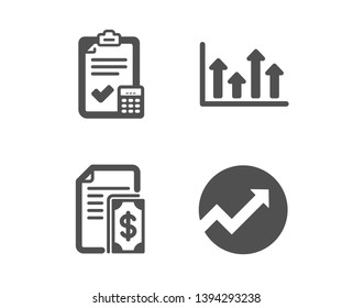 Set of Upper arrows, Accounting checklist and Payment icons. Audit sign. Growth infochart, Calculator, Cash money. Arrow graph.  Classic design upper arrows icon. Flat design. Vector