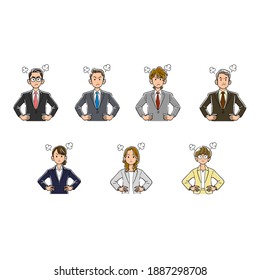 A set of upper body of a businessman and a business woman who get angry with their hands on their hips
