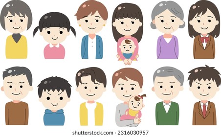 Set of upper body illustration icons for men and women of various ages