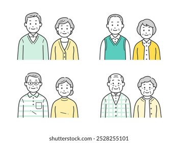 Conjunto de ilustraciones de la parte superior del cuerpo de parejas de ancianos en varias ropas