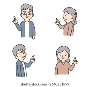 Set of upper body illustrations of a senior couple pointing (front and sideways).