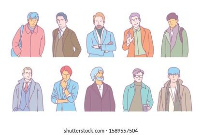 
A set of upper body men characters of various fashion styles. hand drawn style vector design illustrations. 