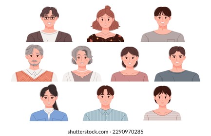 A set of upper body profiles of Asian people of different ages and genders. People vector illustration.