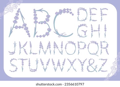 Set of upper case letters. Lavender flower font. Vector illustration.