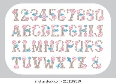 Set of upper case letters and numbers. Font of floral laces. Vector illustration.