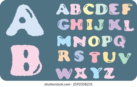 set of uppercase alphabet letters (A-Z) in a pastel color palette with a soft, fluffy texture. for creative typography, kids' designs, educational materials, graphic design, and digital art projects.