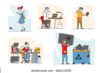 Set Of Upset Characters With Broken Gadgets, People Drop Smartphone On Ground. Unlucky Situation On Street With Mobile Phone, Digital Device Repair Service Ewaste Recycling. Linear Vector Illustration