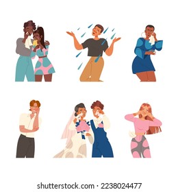 Set of upset people crying and sobbing from sorrow and grief. Diverse people expressing emotions vector illustration