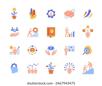 Set von Upskill verwandten farbigen Icons. Gute Zeichen mit Selbstentwicklung, Karrierewachstum, Bildung und persönlichem Fortschritt. Designs für App. Flache Vektorgrafik Kollektion isoliert auf weißem Hintergrund