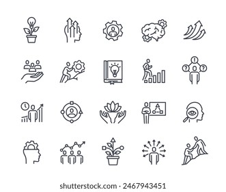 Set of upskill related line icons. Simple linear symbols with career and personal growth, self development and skill improvement. Editable stroke. Outline vector icons collection isolated on white