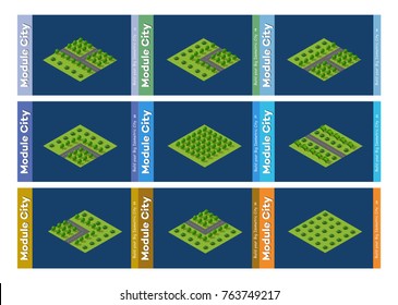 Set of urban areas of modules for the construction of the city with trees, benches, paths and lawns
