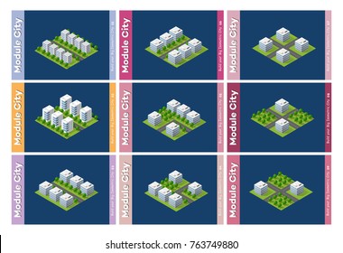 Set of urban areas of modules for the construction of the city with trees, benches, paths and lawns