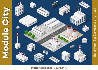 Set of urban areas of modules for the construction of the city with trees, benches, paths and lawns