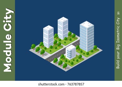 Set of urban areas of modules for the construction of the city with trees, benches, paths and lawns