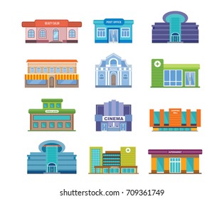 Set of urban buildings and architectural structures. Beauty salon, post office, shopping centers, museum, cinema, hospital, supermarket, kindergarten. Retail business urban shop. Vector illustration.